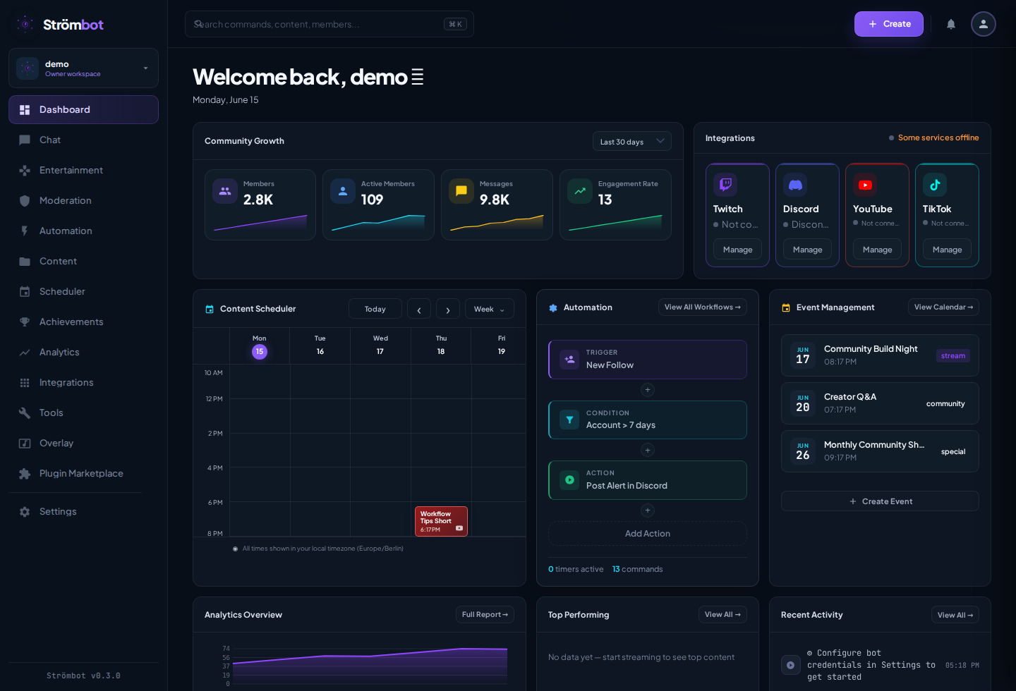 The actual sanitized Strömbot creator dashboard with community growth, integrations, scheduling, and automation