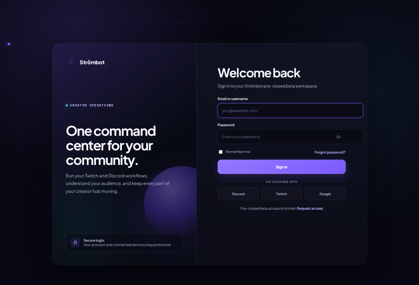 Actual Strömbot pre-closed beta login interface