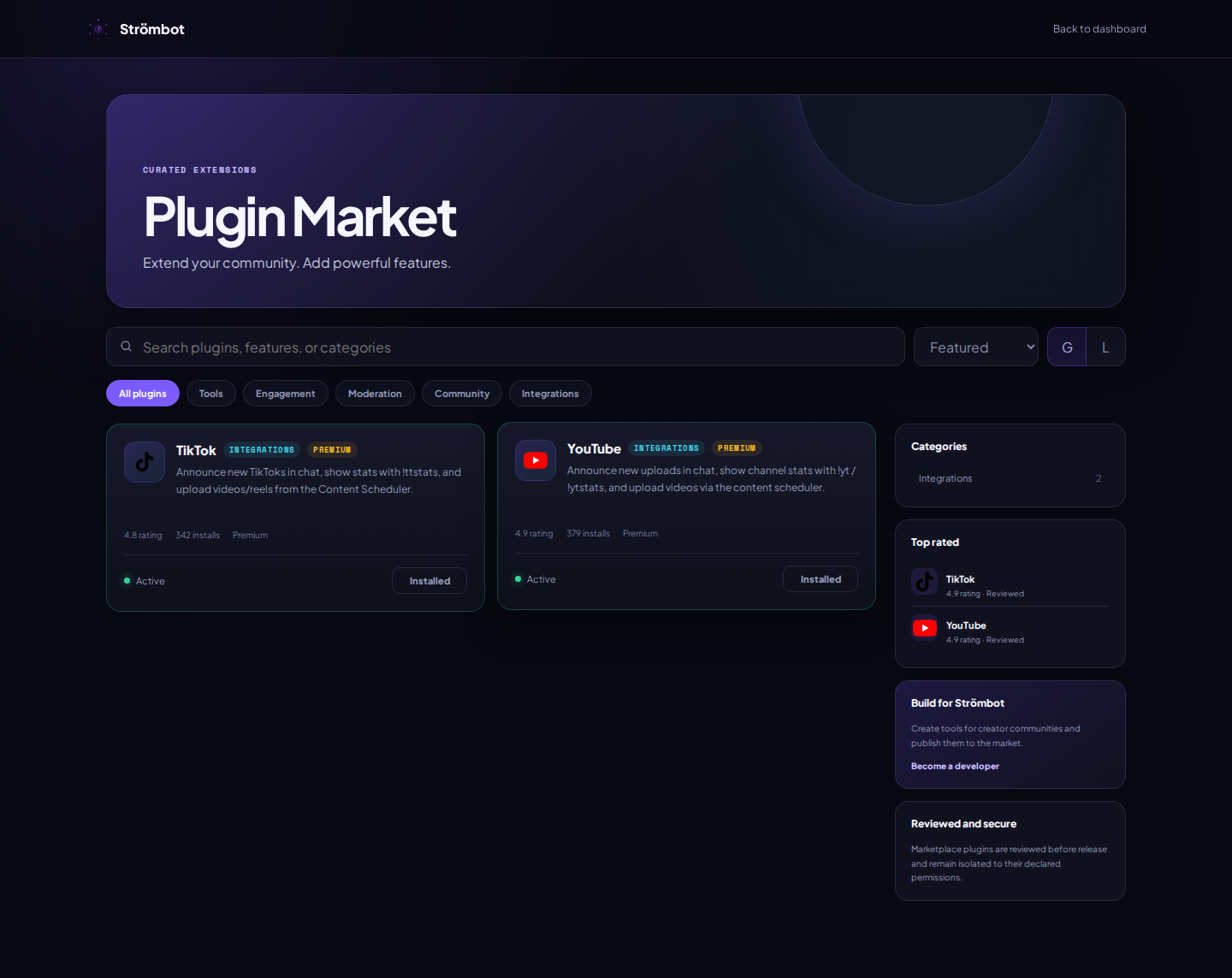 Actual Strömbot Plugin Market showing available integrations